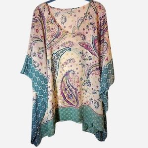 Susan Graver floral paisley print V-neck kimono poncho cream teal Lagenlook 3x